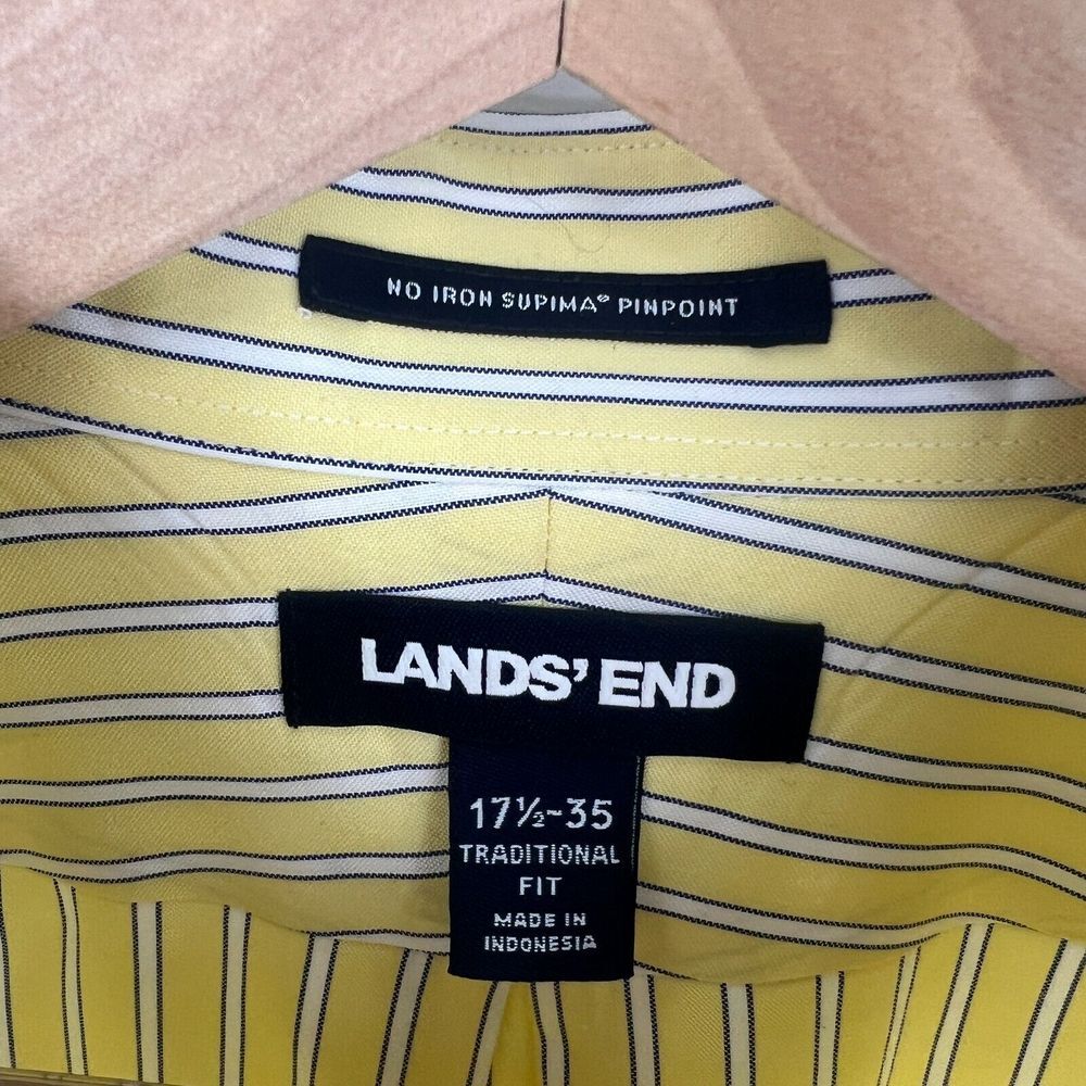 LANDS END Traditional Fit Button Down Dress Shirt Mens 17.5-35 Yellow Pinstripe - Picture 6 of 11